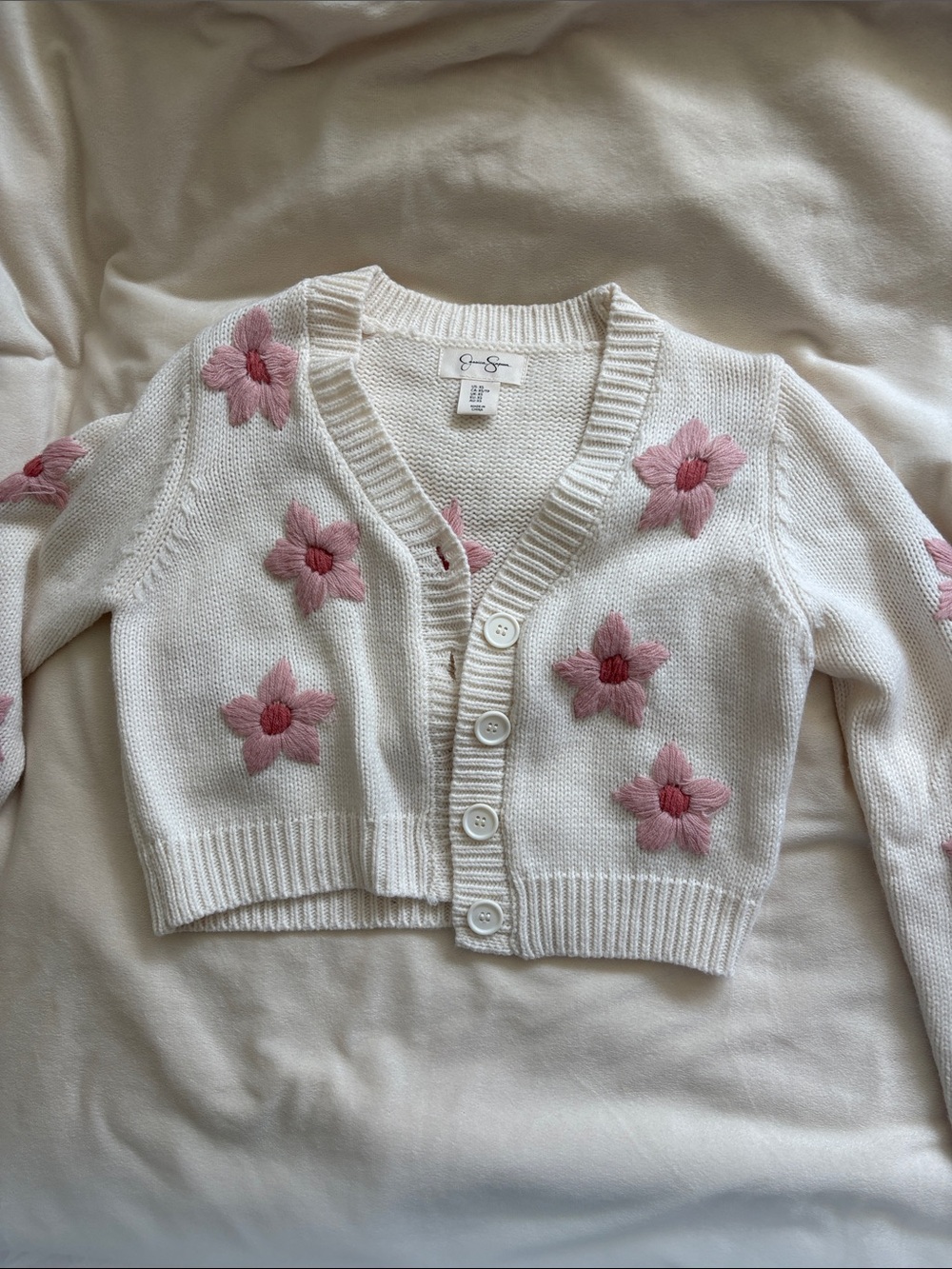 Jessica Simpson Cream Cropped Cardigan with Pink Floral Embroidery